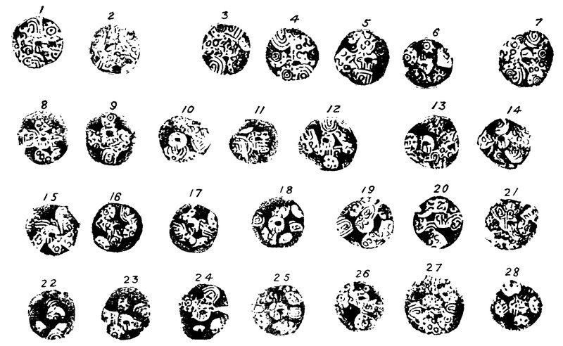 Twenty-eight small round cup-shaped coins in four rows, each punched with lotuses, a boar and Telugu letters, numbered 1 to 28.