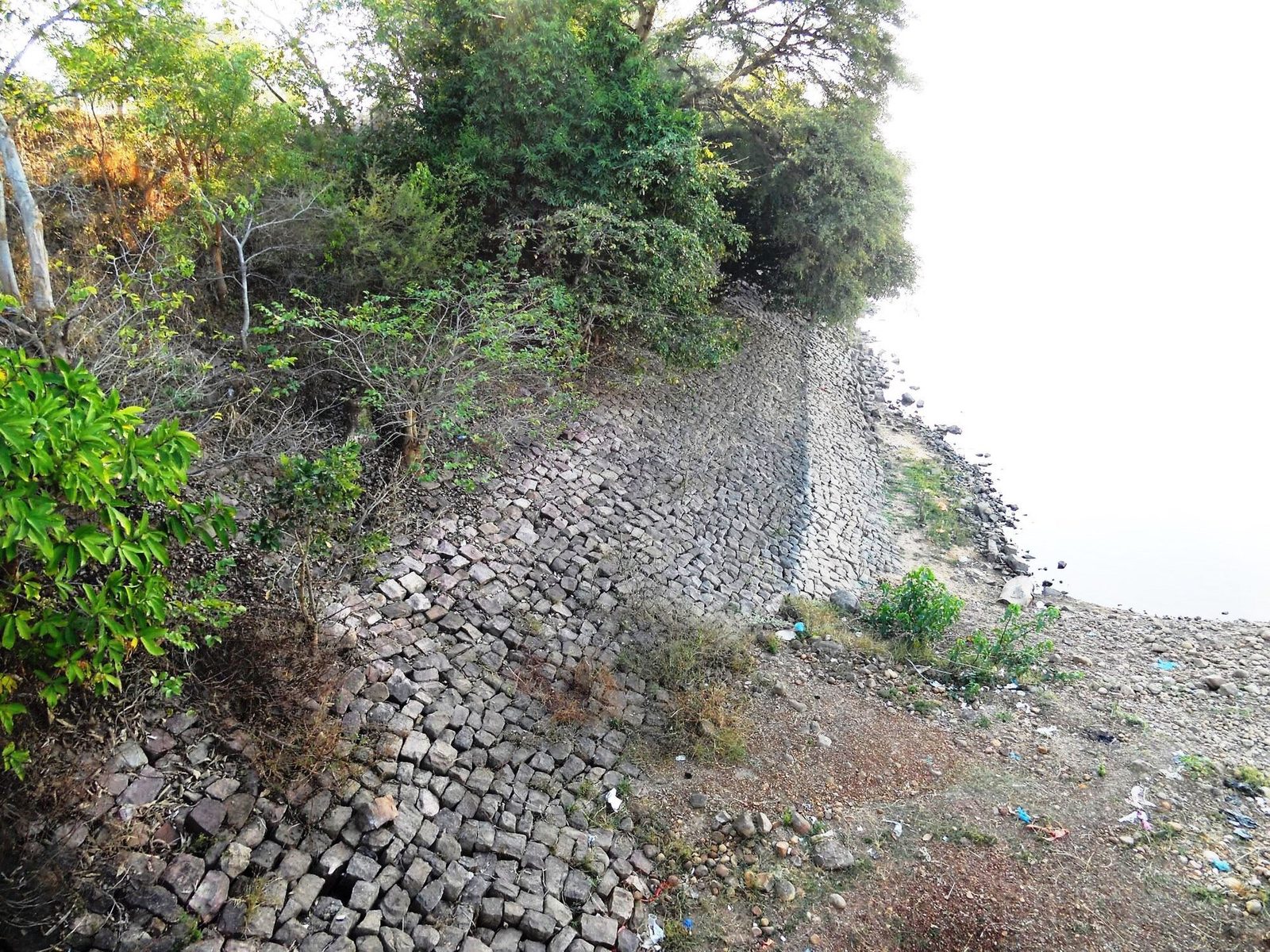 The inner face of an embankment at Ramappa Lake, faced with closely set stone blocks laid on a steep slope down to the water, with trees along the top