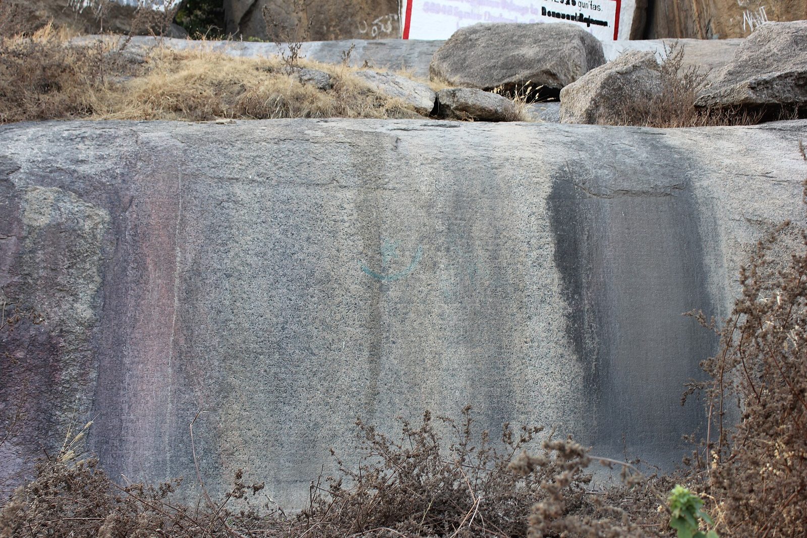 A long, low face of grey granite, dressed flat, with faint vertical bands of reddish and dark staining. Dry shrubs grow along its foot. Loose boulders and a white signboard stand on the rock above it.