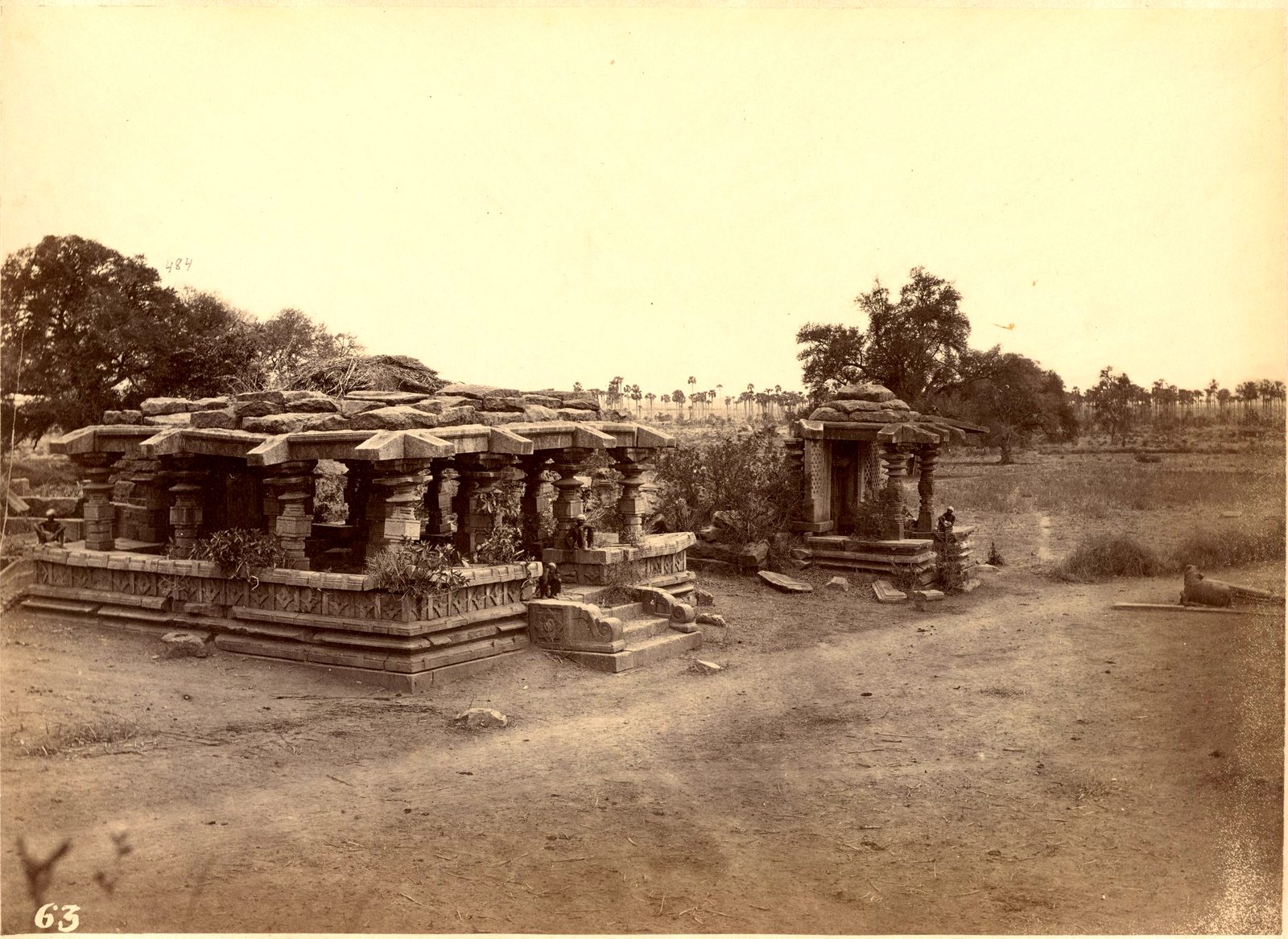 A low stone temple with a broken roof stands on a moulded platform in open ground. Small trees grow on the roof. A small shrine stands to the right.